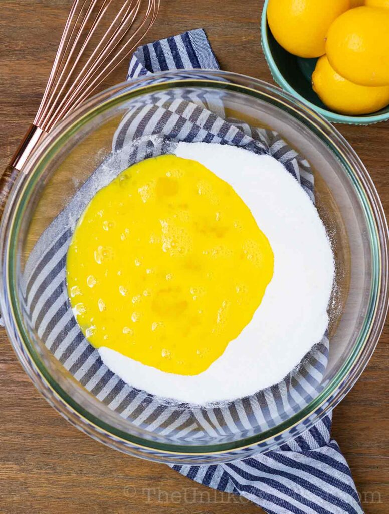Eggs, sugar and flour in bowl