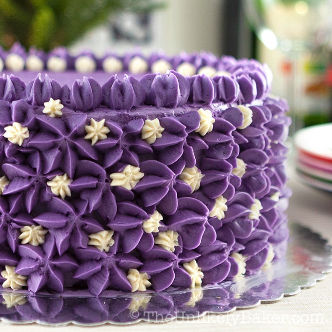 Wedding Cake with Violet Cream Cheese Frosting Decorated with Caramel Vase  and Golden Chocolate Spheres on the Purple Background. Stock Image - Image  of ornament, cream: 267284617