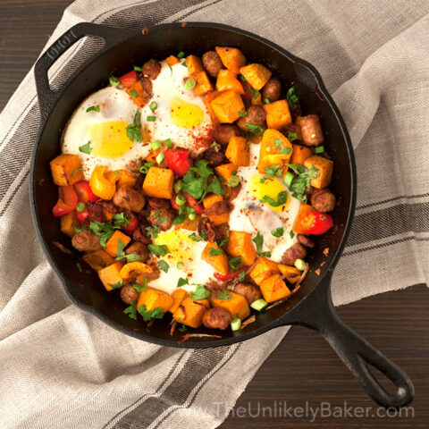 Sweet Potato Breakfast Hash with Sausage Bacon and Eggs