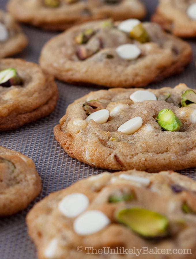 Freshly baked white chocolate chip pistachio cookies.