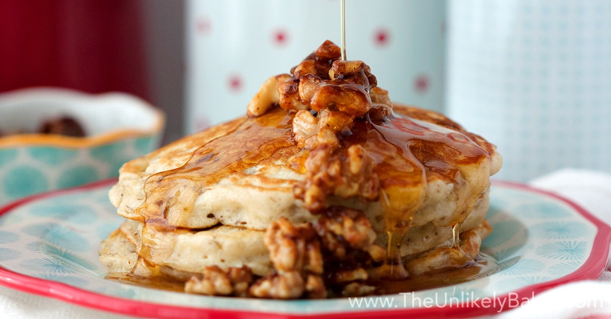 Banana Buttermilk Pancakes with Candied Walnuts