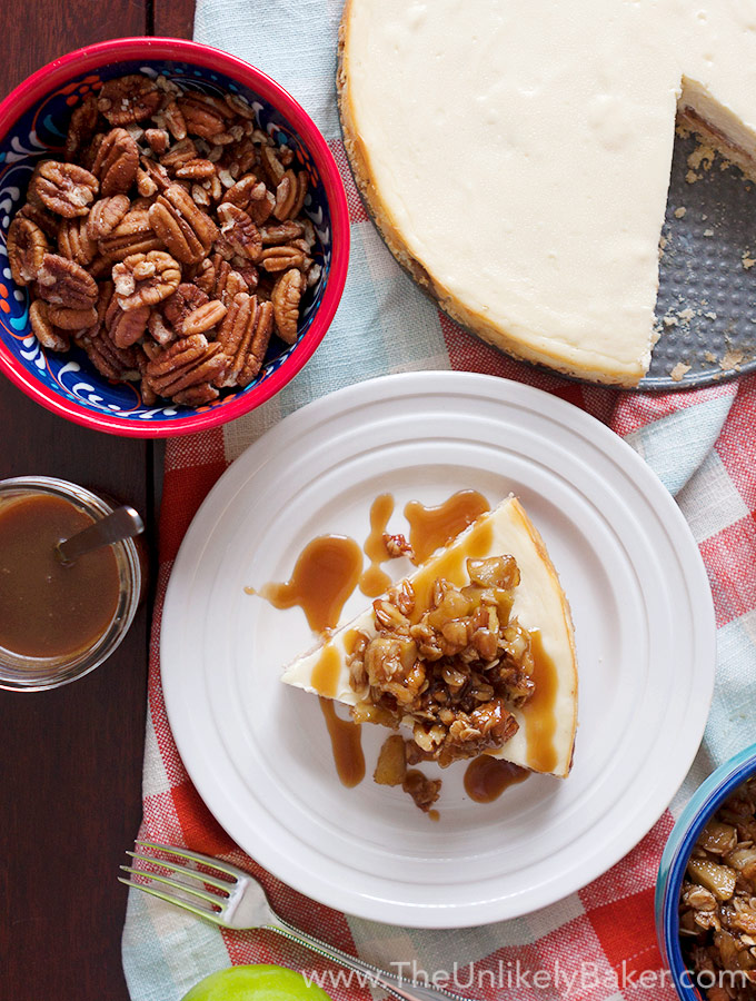 Salted Caramel Apple Cheesecake with Pecan Crisp Topping