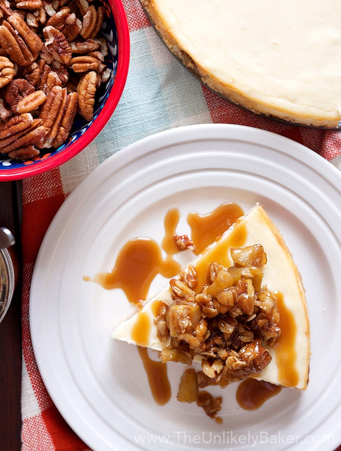 Salted Caramel Apple Cheesecake with Pecan Crisp Topping