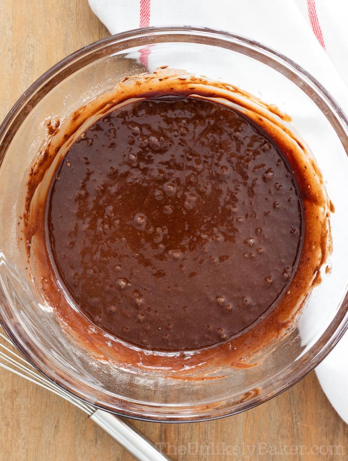 Chocolate cake batter in a bowl.