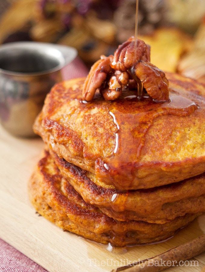 Pumpkin Buttermilk Pancakes with Candied Pecans