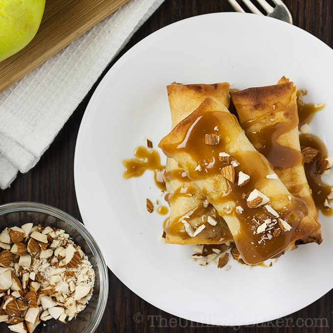 Baked Apple Turon with Salted Caramel Sauce - The Unlikely Baker