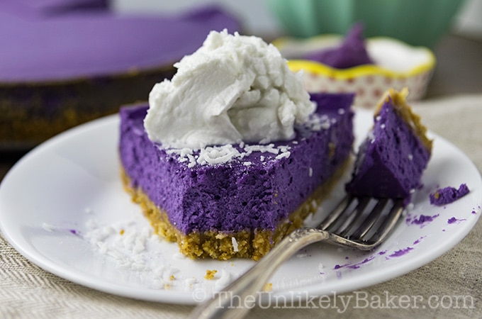 Ube Cheesecake with Coconut Cookie Crust and Coconut Whipped Cream (Video)