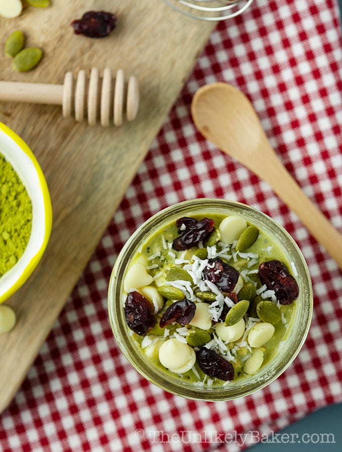 Matcha Overnight Oats with Chia and White Chocolate Chips