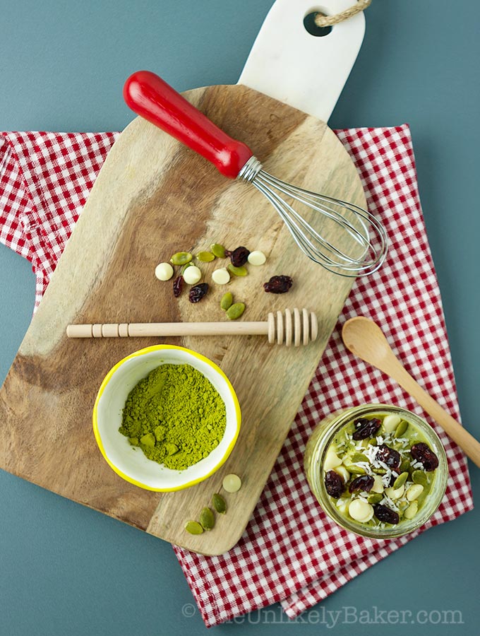 Matcha Overnight Oats with Chia and White Chocolate Chips