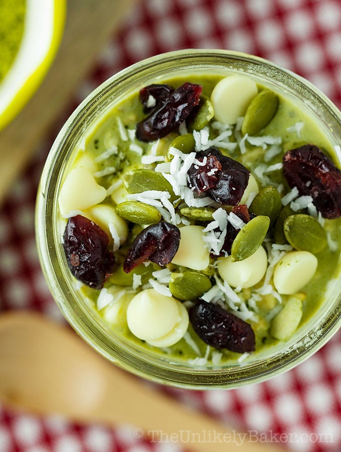 Matcha Overnight Oats with Chia and White Chocolate Chips