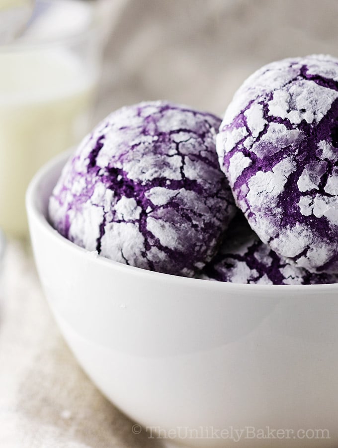 Close up shot of ube crinkle cookies.