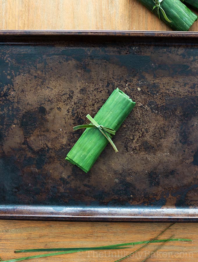 Sticky rice wrapped in a banana leaf.