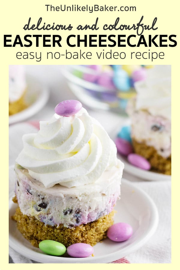 Pin for No-Bake Mini Easter Cheesecakes Recipe.