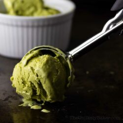 A scoop of matcha ice cream.