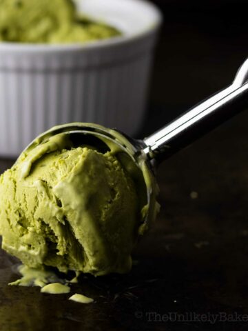 A scoop of matcha ice cream.