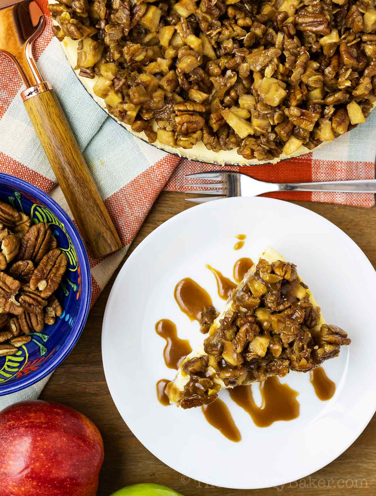 Apple Crisp Cheesecake with Salted Caramel and Pecan Apple Crisp Topping