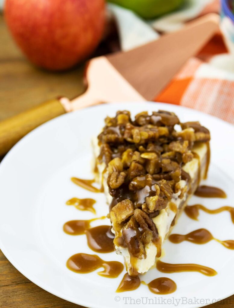 Apple Crisp Cheesecake with Salted Caramel and Pecan Apple Crisp Topping