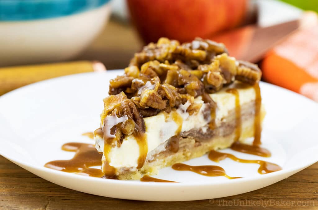 Apple Crisp Cheesecake with Salted Caramel and Pecan Apple Crisp Topping