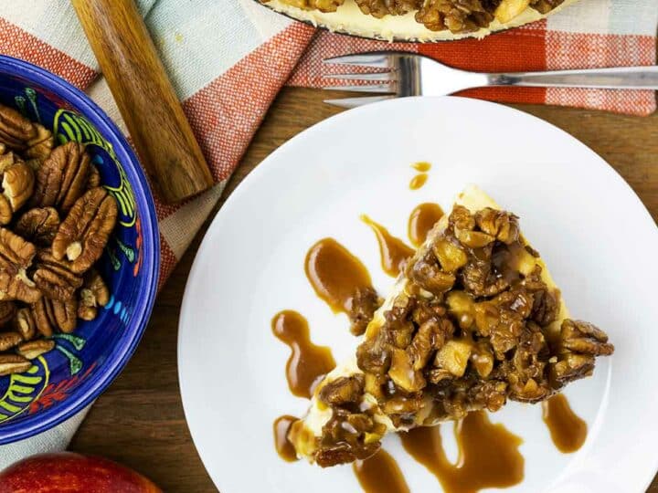 Apple Crisp Cheesecake with Salted Caramel and Pecan Apple Crisp Topping