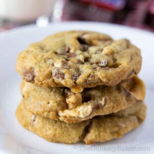 A stack of freshly baked chewy Snickers cookies.