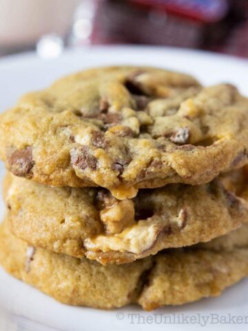 A stack of freshly baked chewy Snickers cookies.
