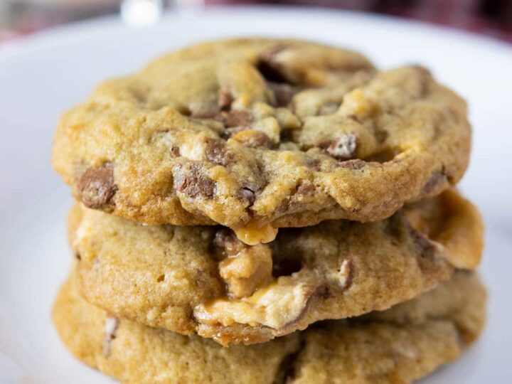 A stack of freshly baked chewy Snickers cookies.