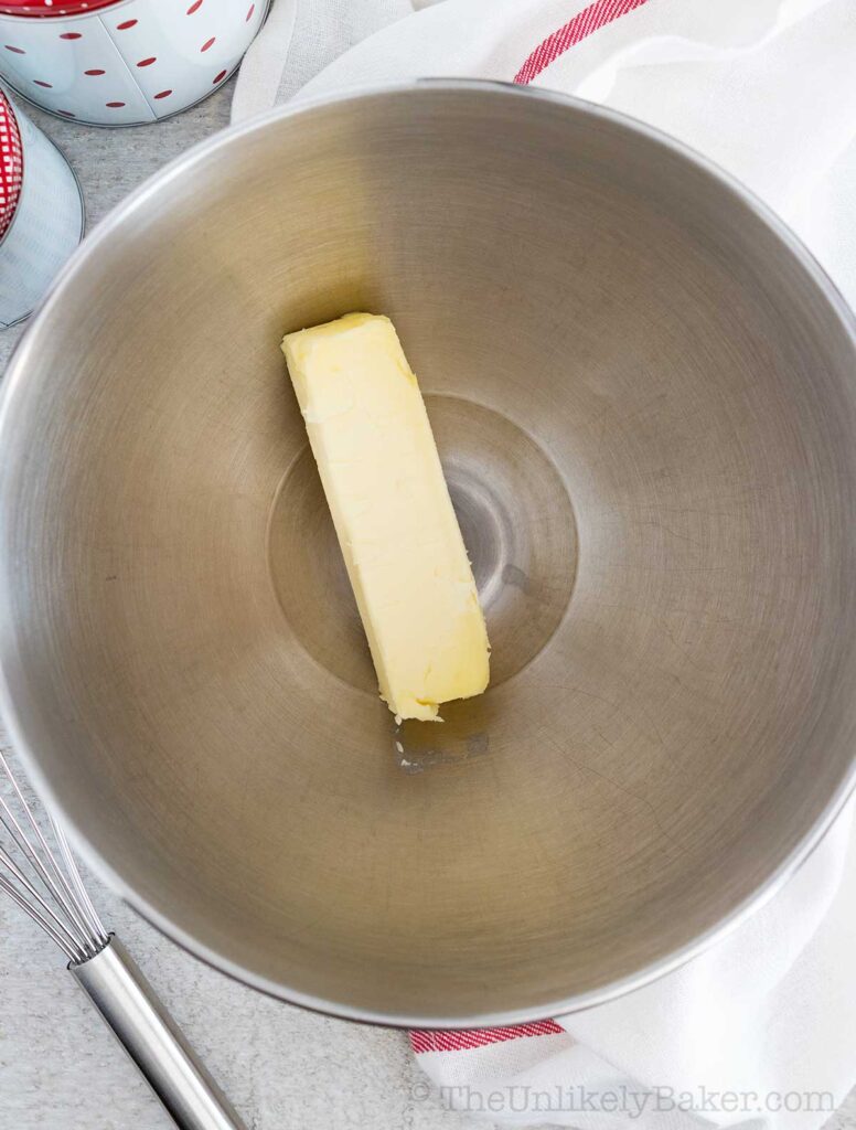 Stick of butter in a mixing bowl