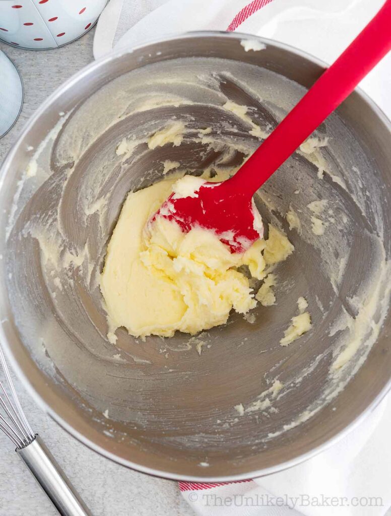 Creamed butter and sugar in a mixing bowl