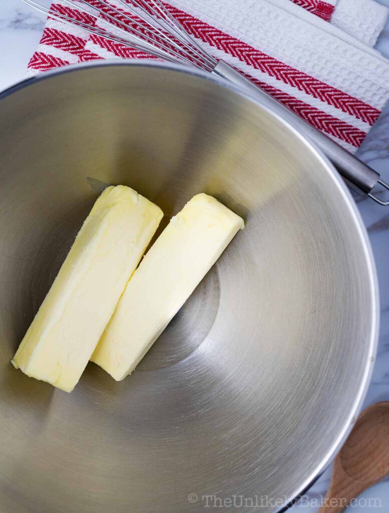 Softened butter in a mixing bowl