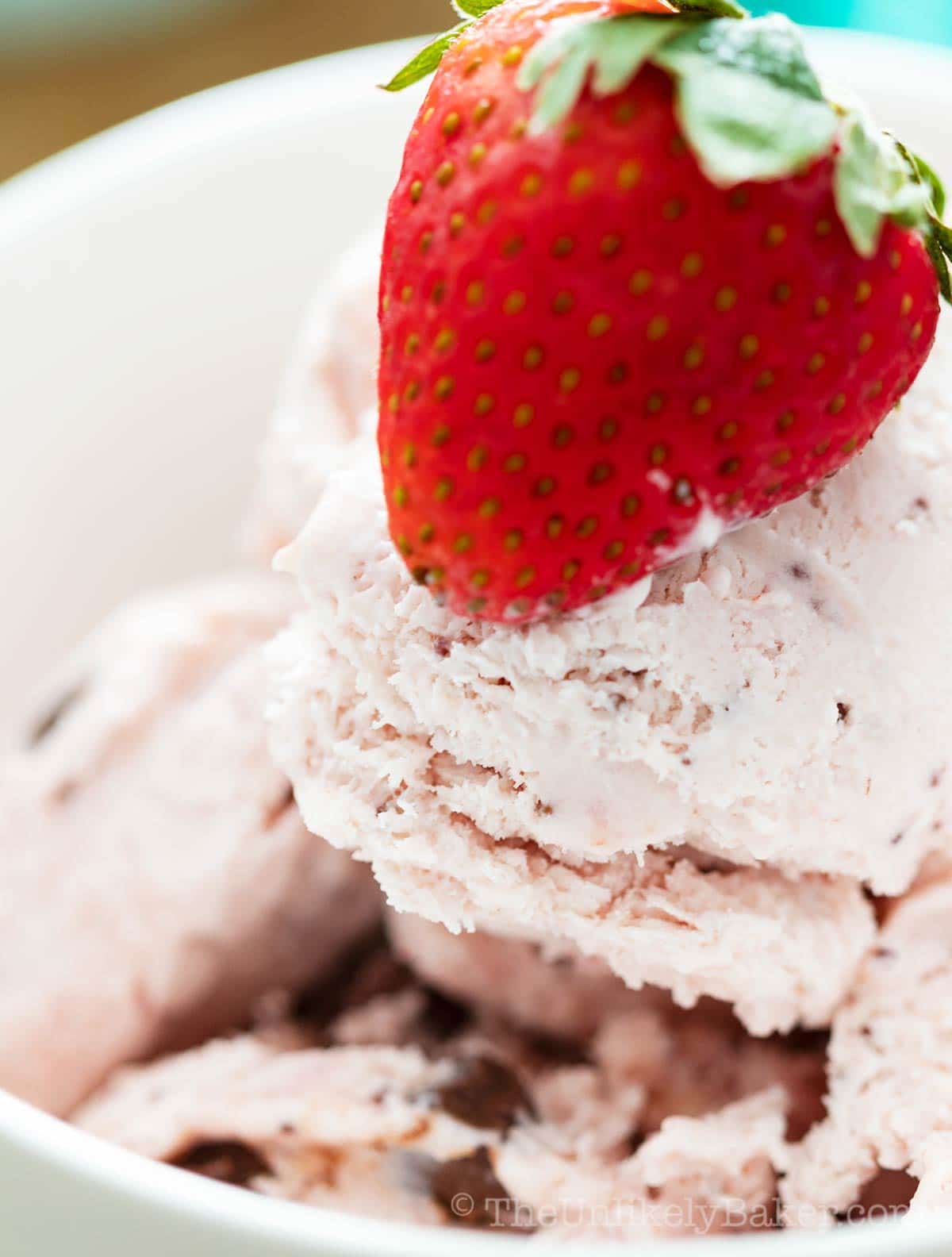 Close up of strawberry chocolate ice cream.