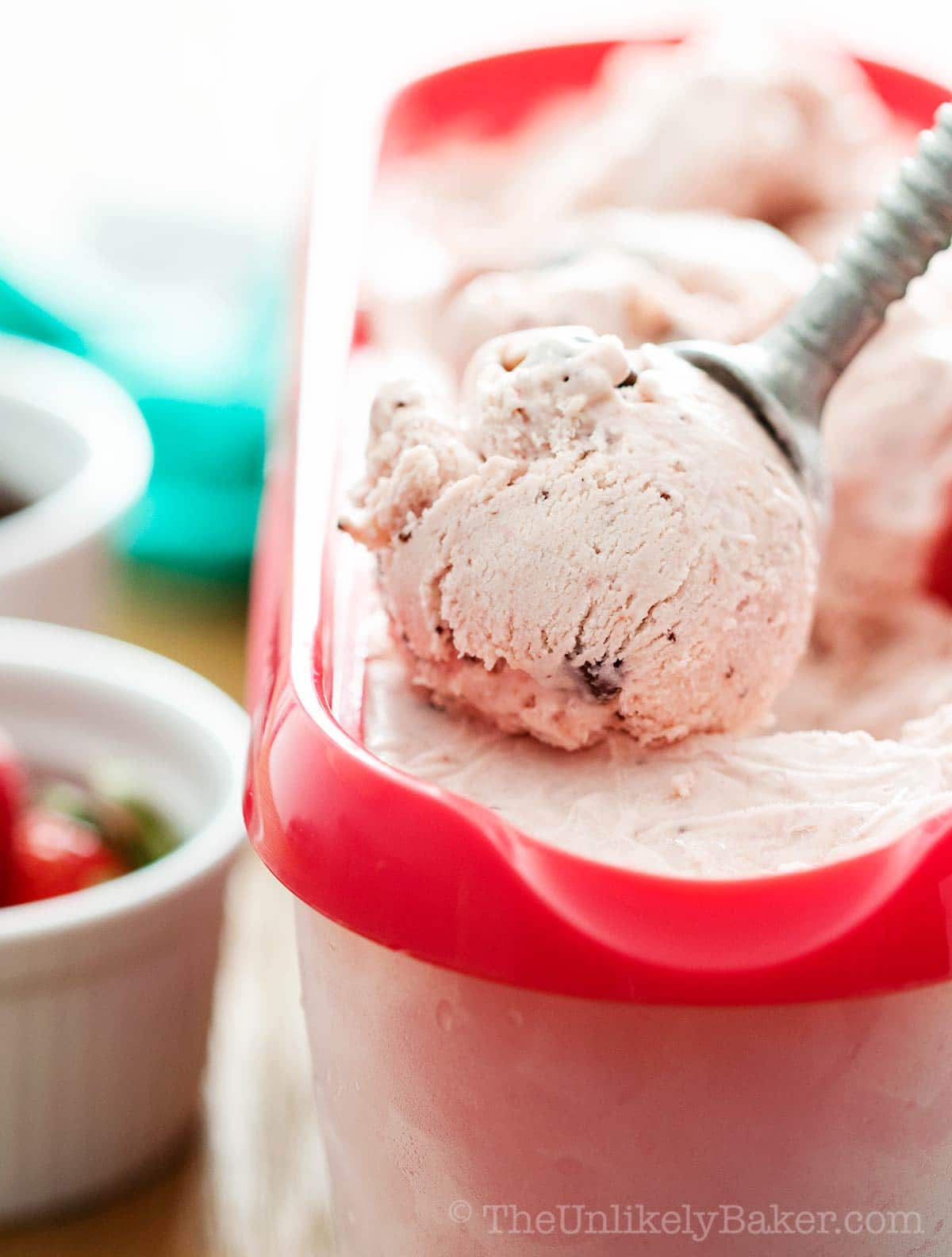 Fresh strawberry ice cream scoop.