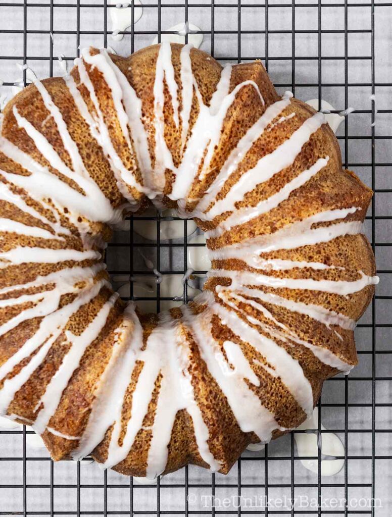 overhead shot of lemon buttermilk bundt cake