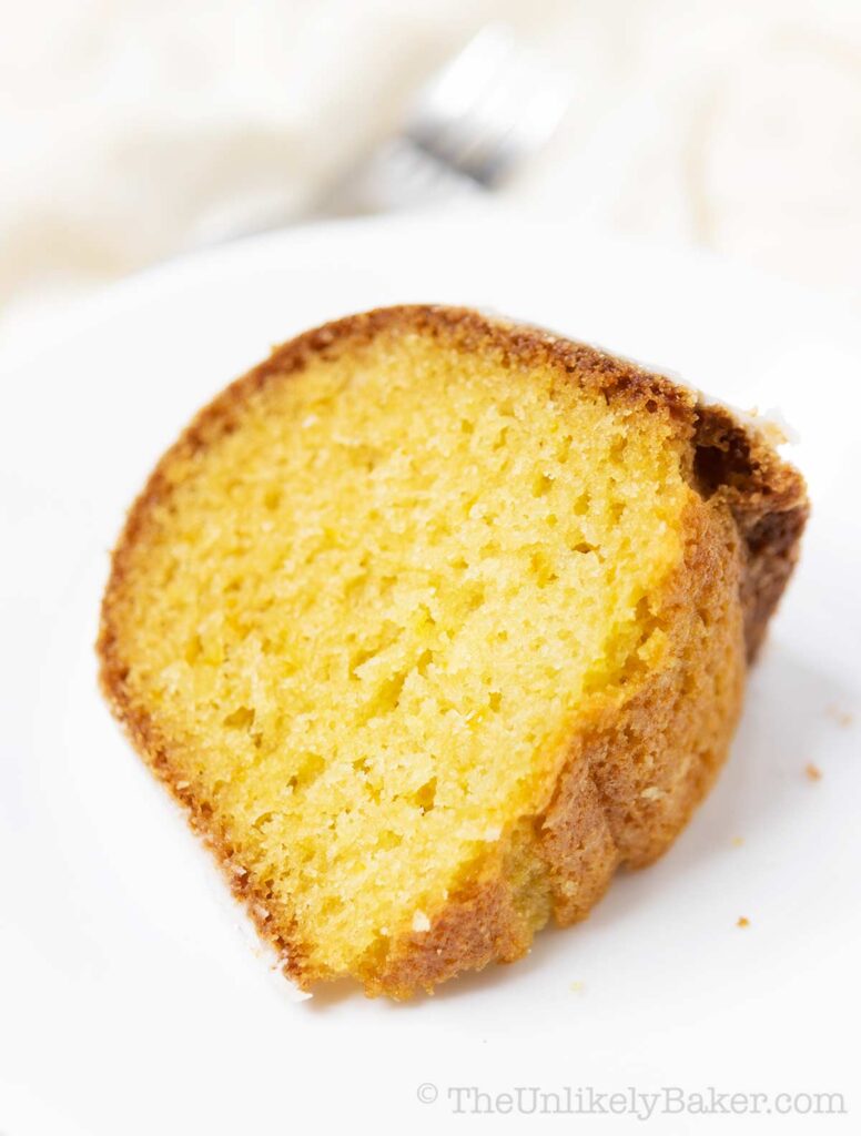 slice of lemon cake on a white plate