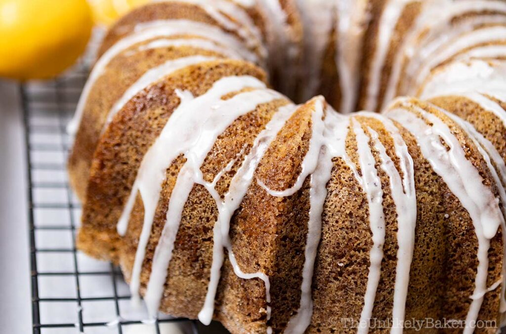 shot of lemon bundt cake with lemon drizzle