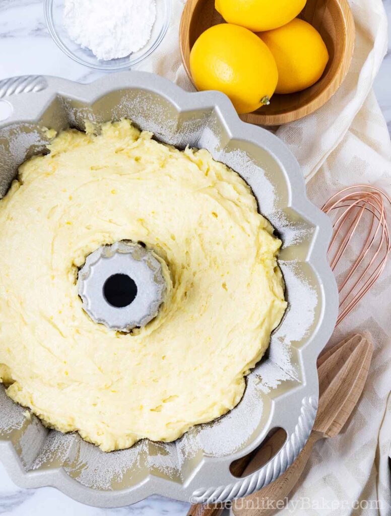 lemon cake batter in bundt pan