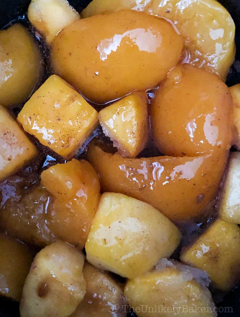 Peaches and mango in a saucepan