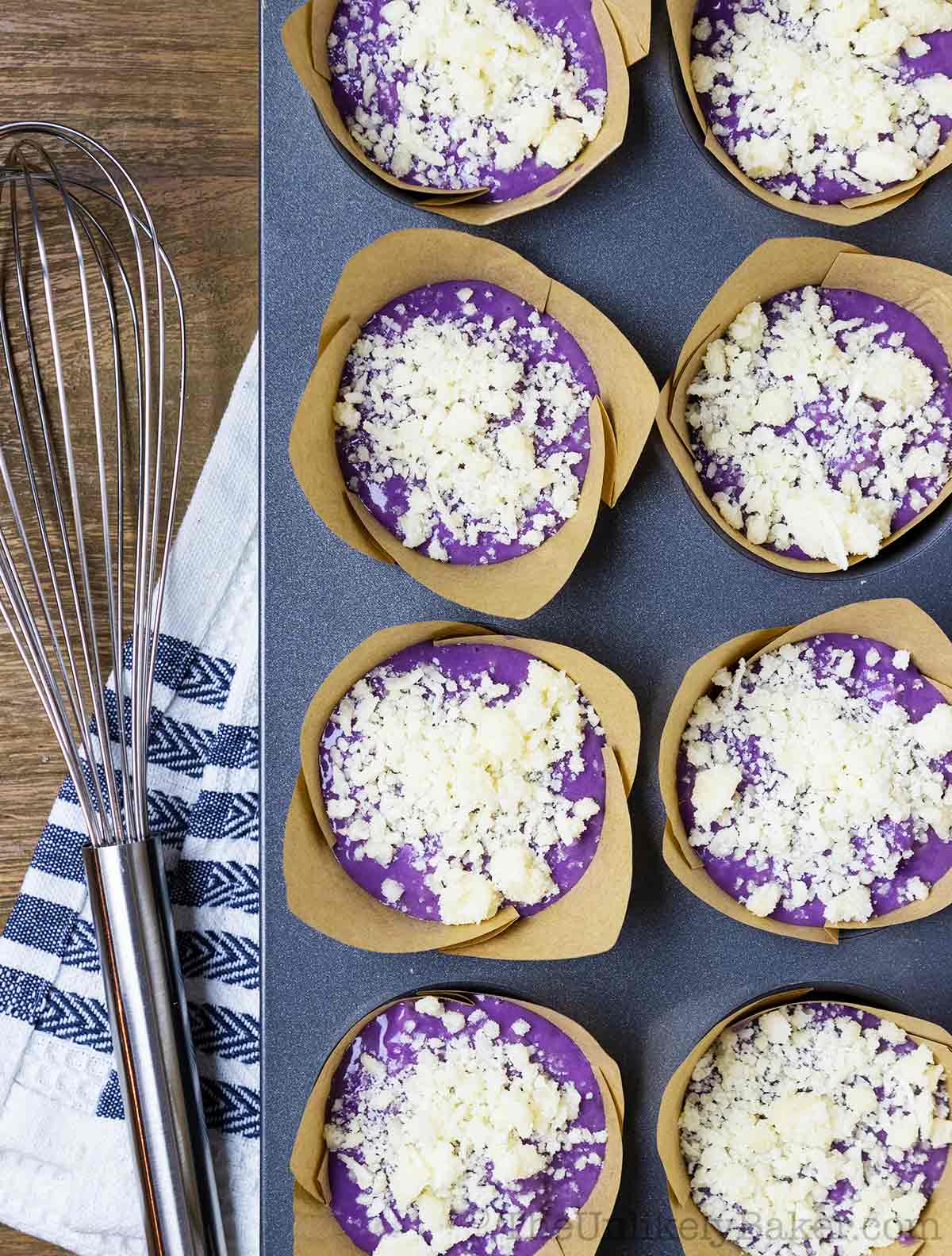 ube muffins with sweet coconut topping
