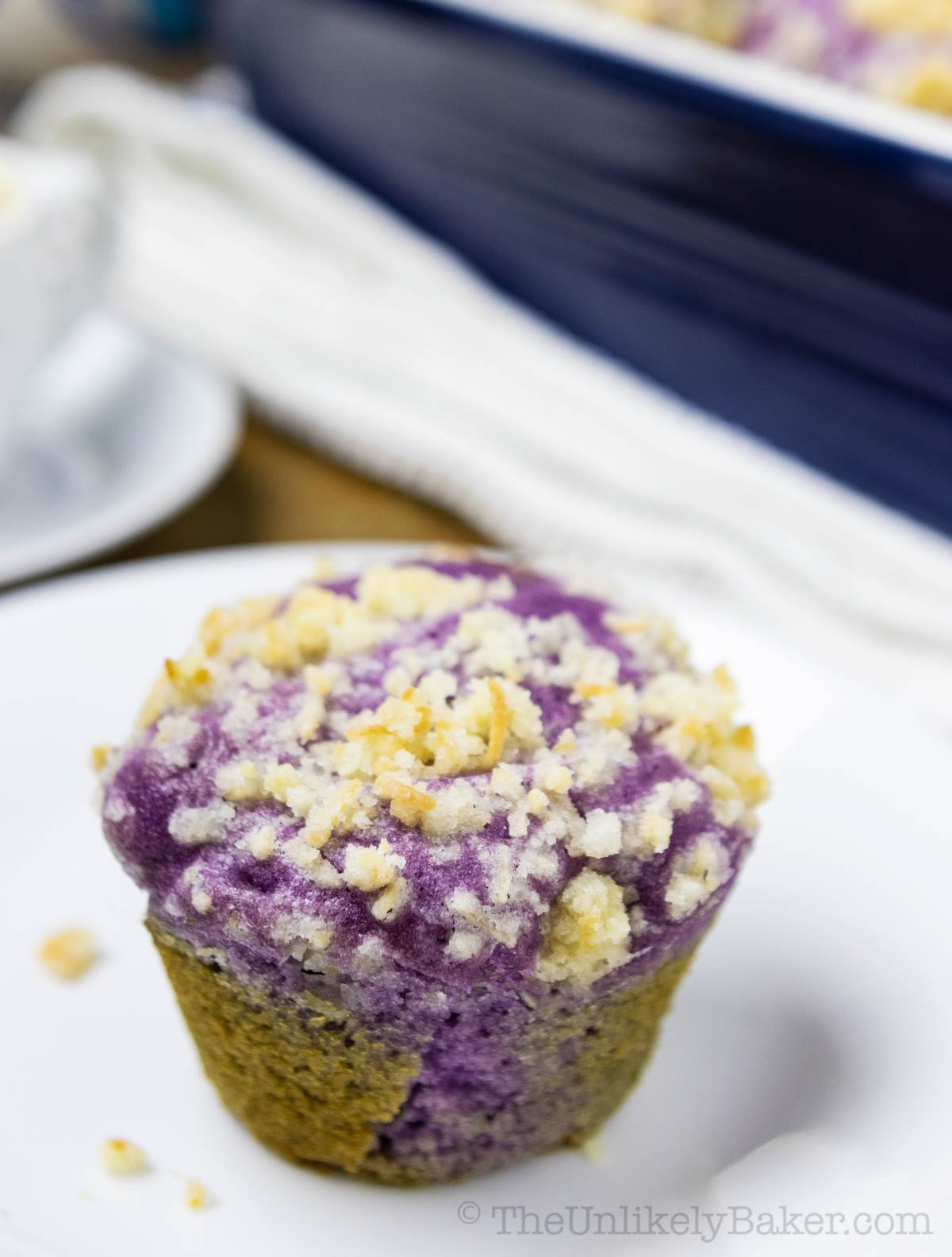 single ube muffin on a plate