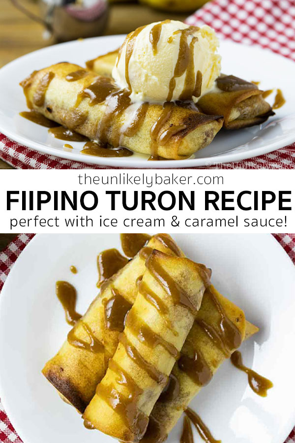 Pin for Filipino Turon Recipe with Salted Caramel Sauce.