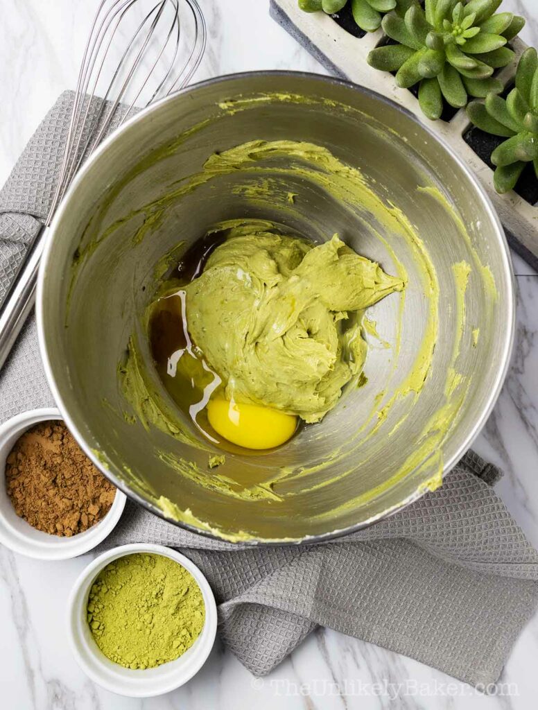 Matcha cream cheese mixture with egg