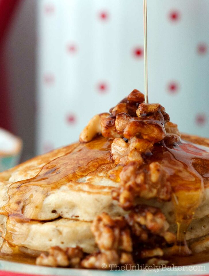 Banana Buttermilk Pancakes with Candied Walnuts