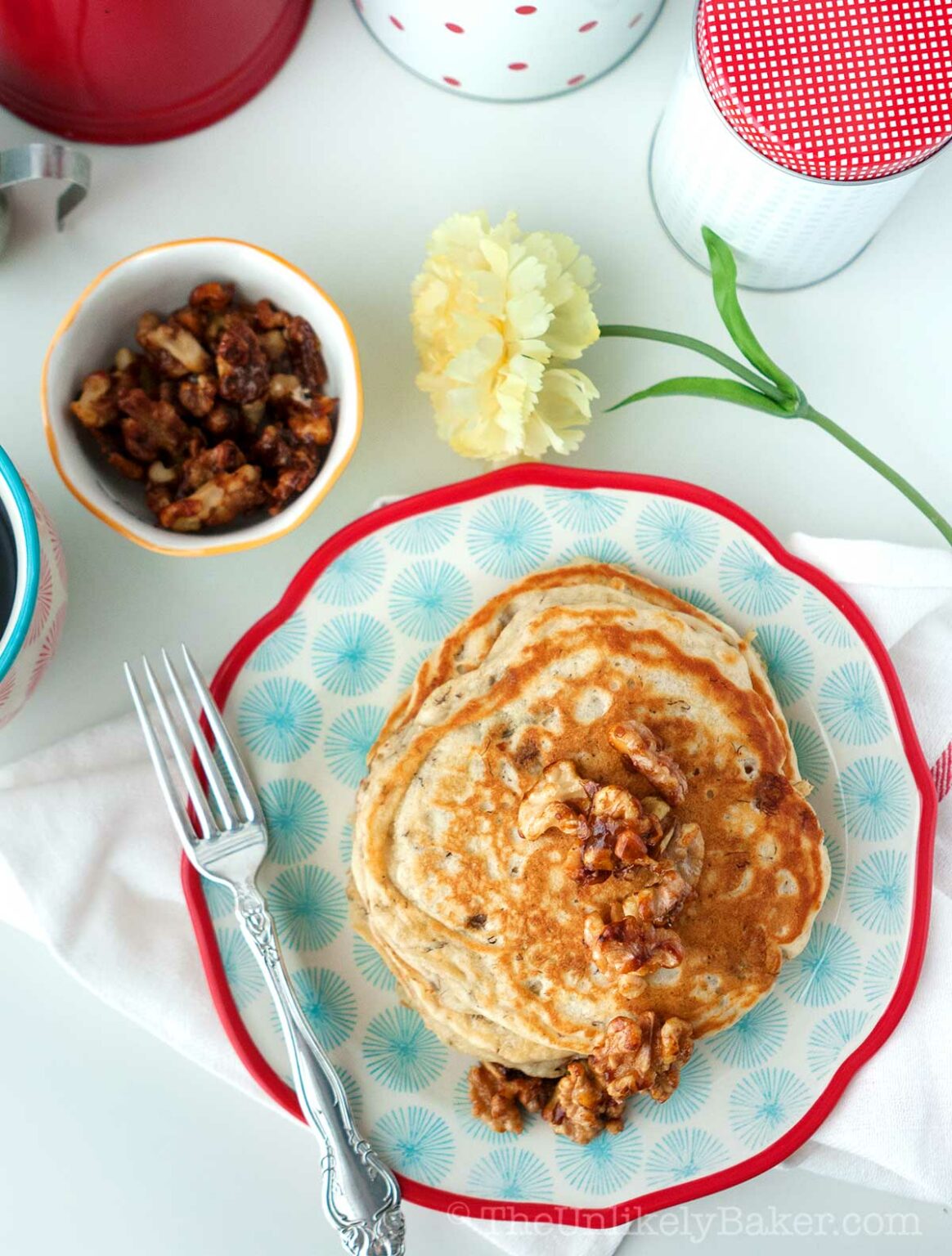 Banana Buttermilk Pancakes with Candied Walnuts
