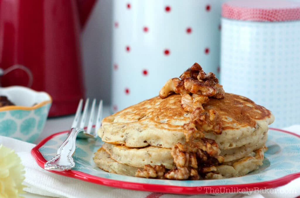 Banana Buttermilk Pancakes with Candied Walnuts