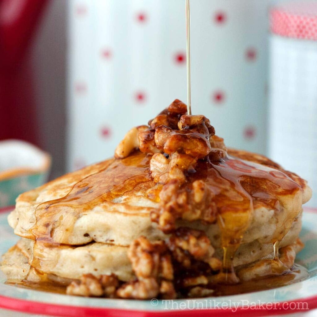 Banana Buttermilk Pancakes with Candied Walnuts