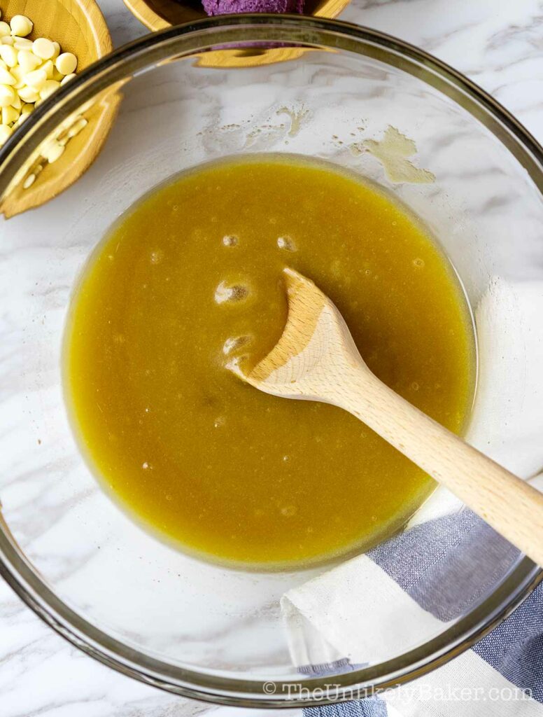 Stir melted butter and sugar until incorporated