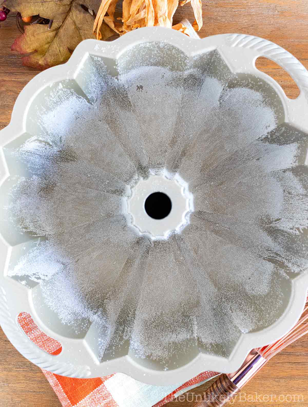 Bundt pan coated with shortening and sugar.