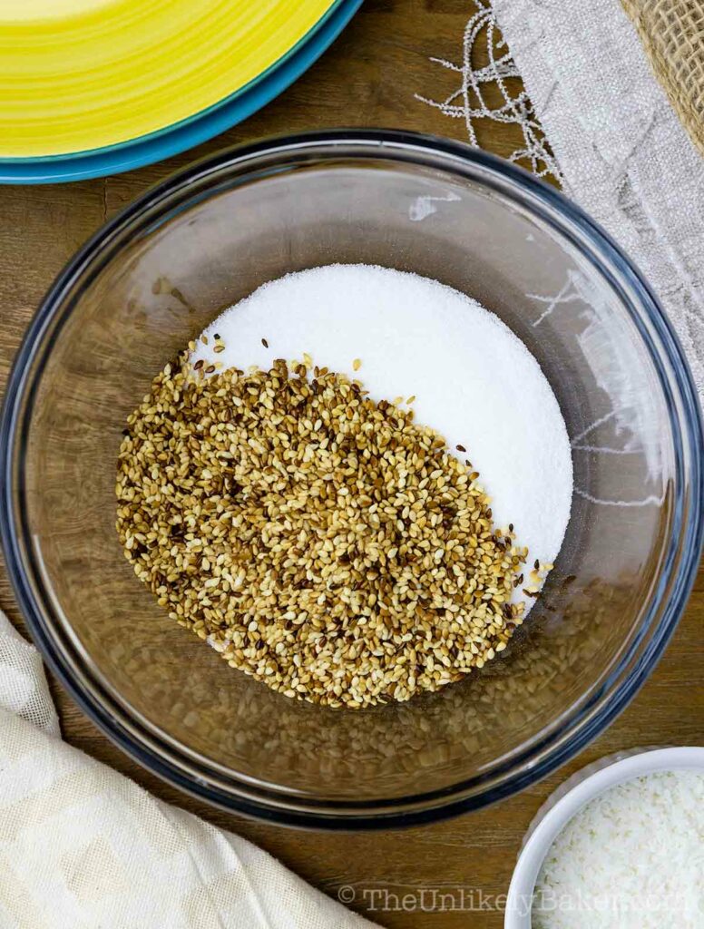 Combine sugar and toasted sesame seeds