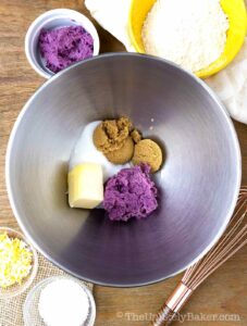 Ube donut ingredients in a bowl