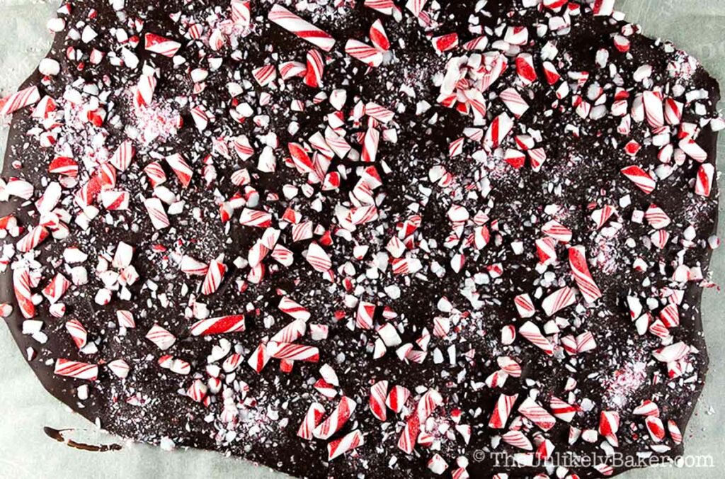 Dark chocolate bark with crushed candy cane