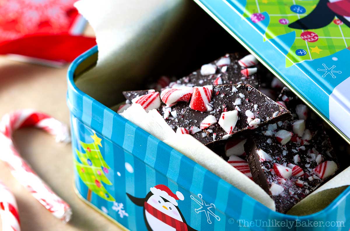 Chocolate bark in a Christmas tin